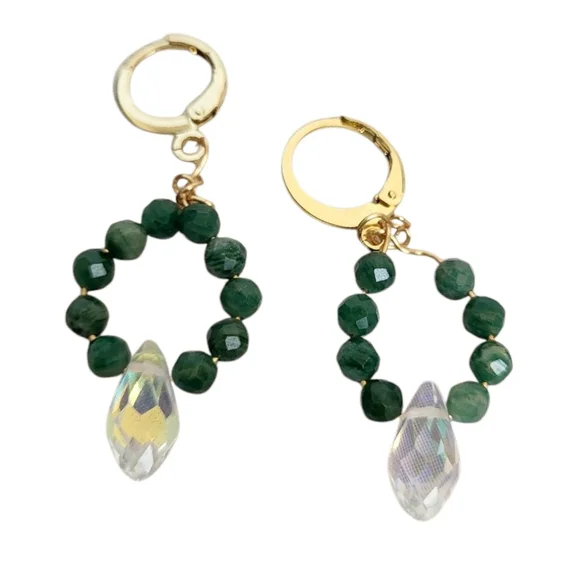 18k Gold Labradorite Teardrop AB Crystal Huggie Hoop Earrings - Picture 1 of 2